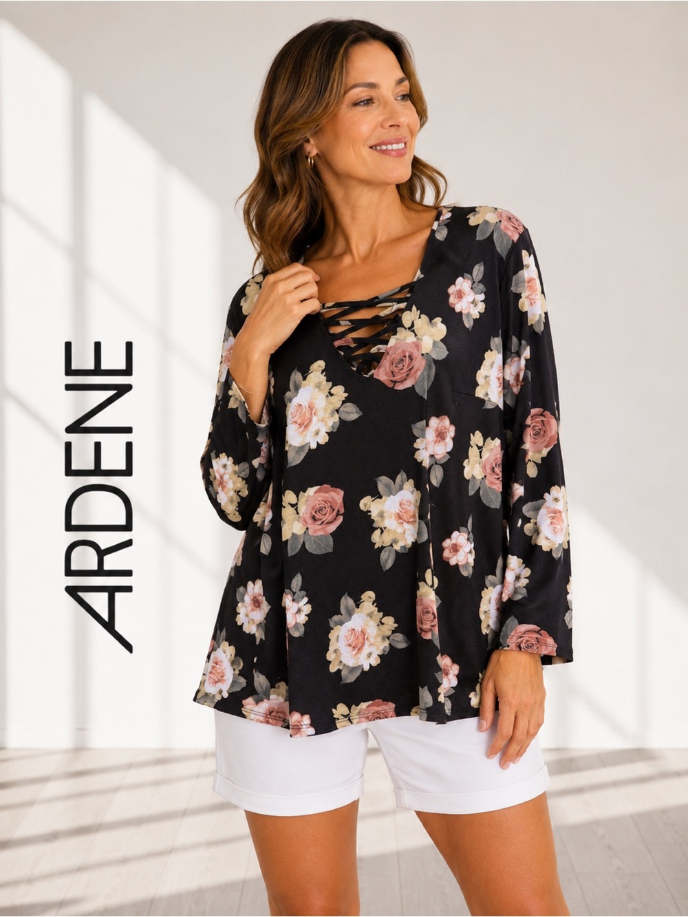 •Ardene Floral Lace-Up Long Sleeve Top Black Pink Rose Print Women’s | Large